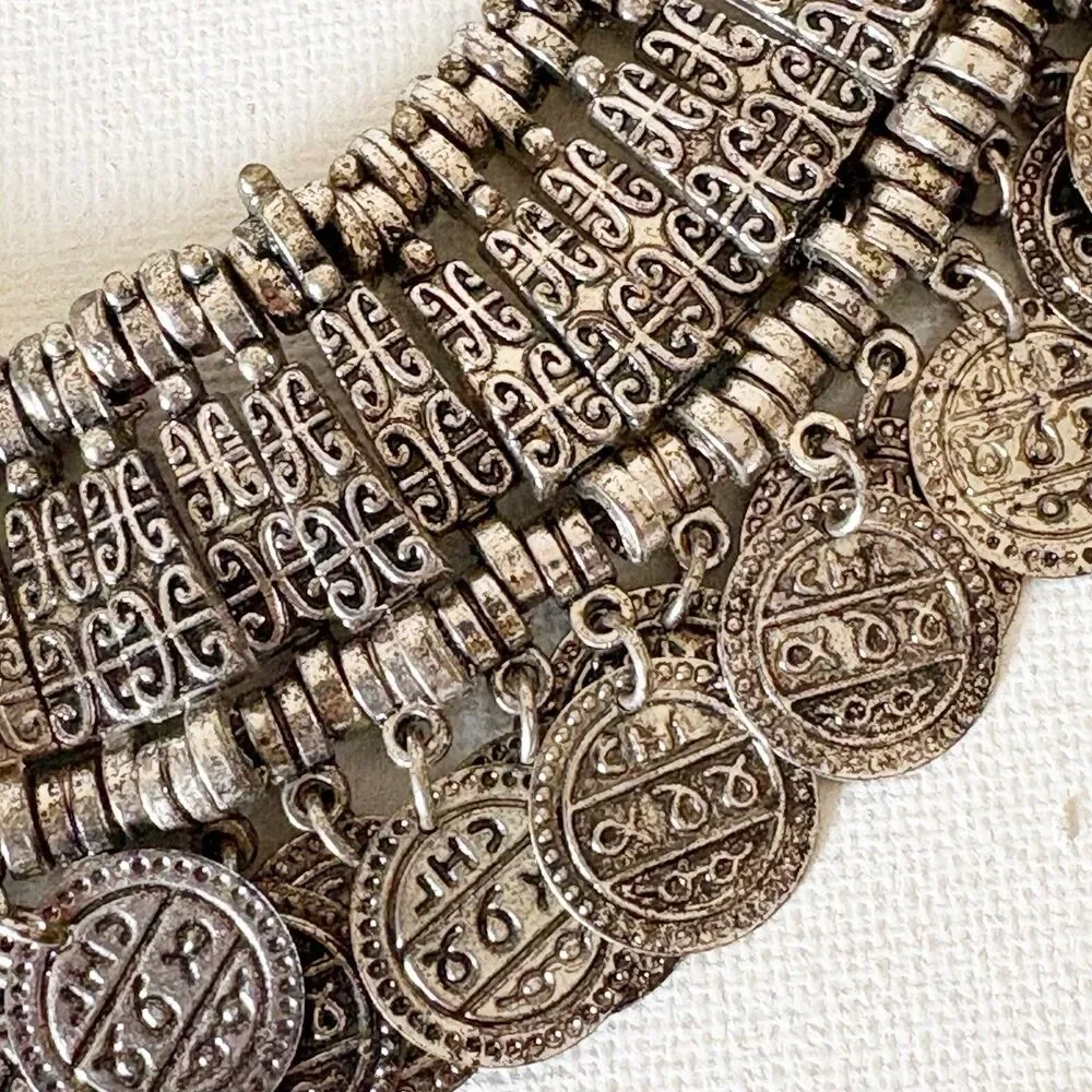 Silver Tone Coin Wide Choker Necklace Bohemian Gypsy Love Affair 16.5” - Picture 10 of 14